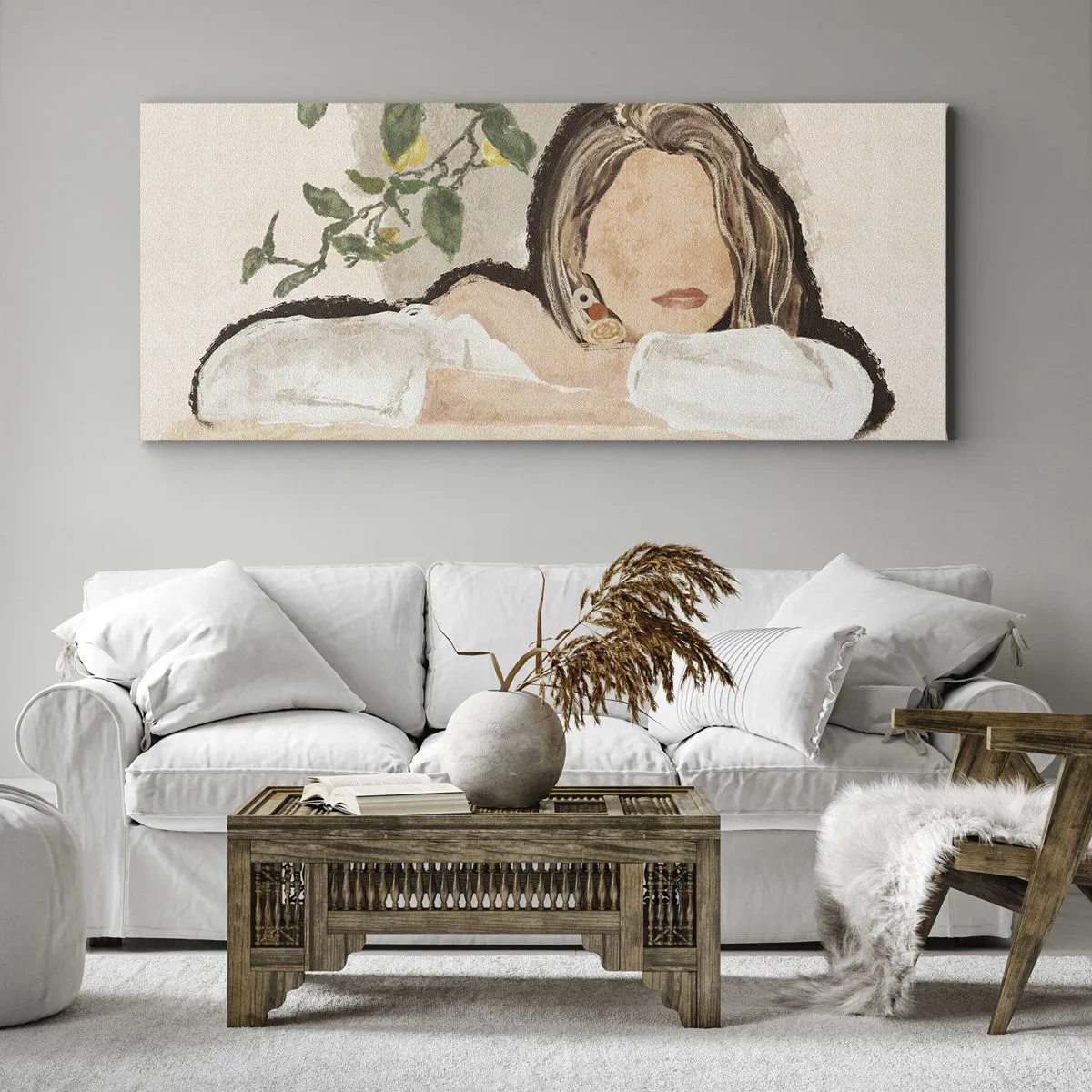 Quadro su tela - Stampe su Tela - La figura di una donna sullo sfondo di un albero di limone - 160x50cm - Bellezza del sud - Decorazione murale moderna per soggiorno e camera da letto ARTTOR