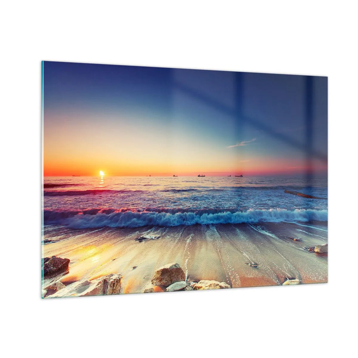 Quadro su vetro - Tramonto sulla spiaggia con onde dolci e mare calmo - 100x70cm - Cosa c'è dietro l'orizzonte? - Decorazione murale moderna per soggiorno e camera da letto ARTTOR