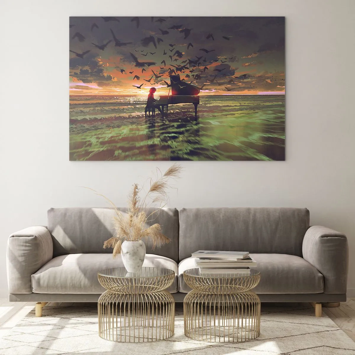 Quadro su vetro - Pianista che suona il pianoforte sulla spiaggia al tramonto - 100x70cm - Concerto per pianoforte e onde - Decorazione murale moderna per soggiorno e camera da letto ARTTOR