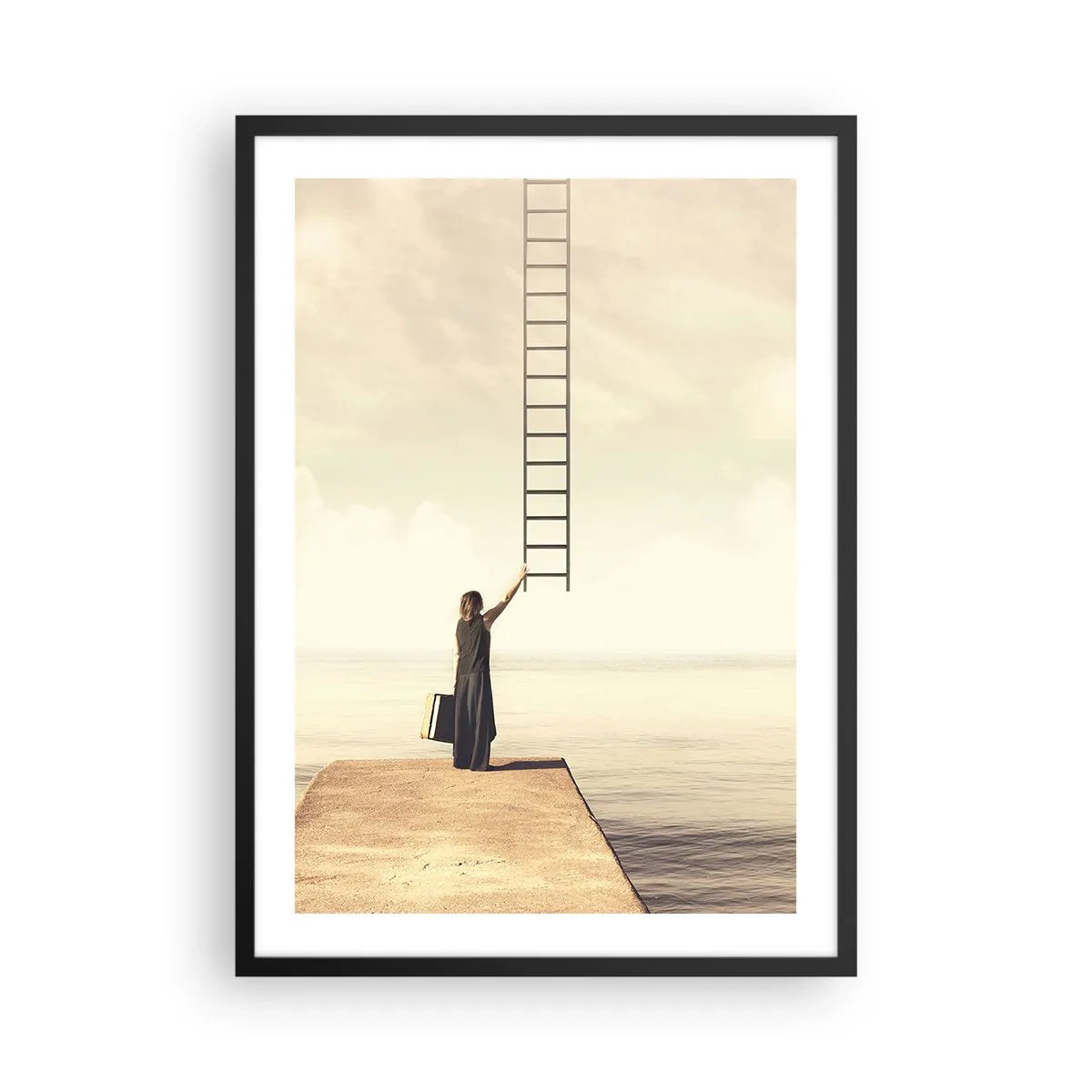 Poster in cornice nera - Una donna su un molo che cerca di raggiungere una scala che porta al paradiso - 50x70cm - Viaggio magico - Decorazione murale moderna per soggiorno e camera da letto ARTTOR
