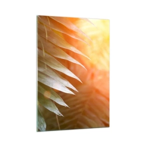 Quadro su vetro - Foglie di palma al chiarore del sole mattutino in un ambiente tropicale - 50x70cm - L'alba nella giungla - Decorazione murale moderna per soggiorno e camera da letto ARTTOR