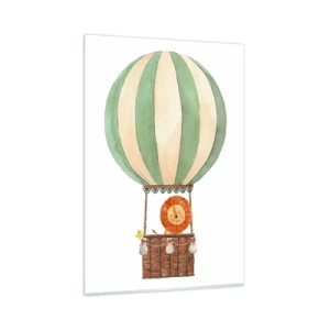 Quadro su vetro - Un palloncino con un leone sorridente in un cestino color pastello - 80x120cm - I viaggi del leone - Decorazione murale moderna per soggiorno e camera da letto ARTTOR