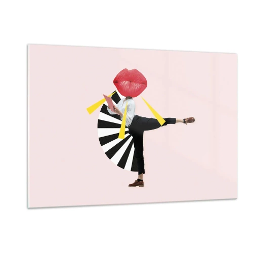 Quadro su vetro - Una composizione pop art surreale che raffigura un personaggio con una grande bocca su uno sfondo rosa. - 120x80cm - Pop-art surrealistica - Decorazione murale moderna per soggiorno e camera da letto ARTTOR