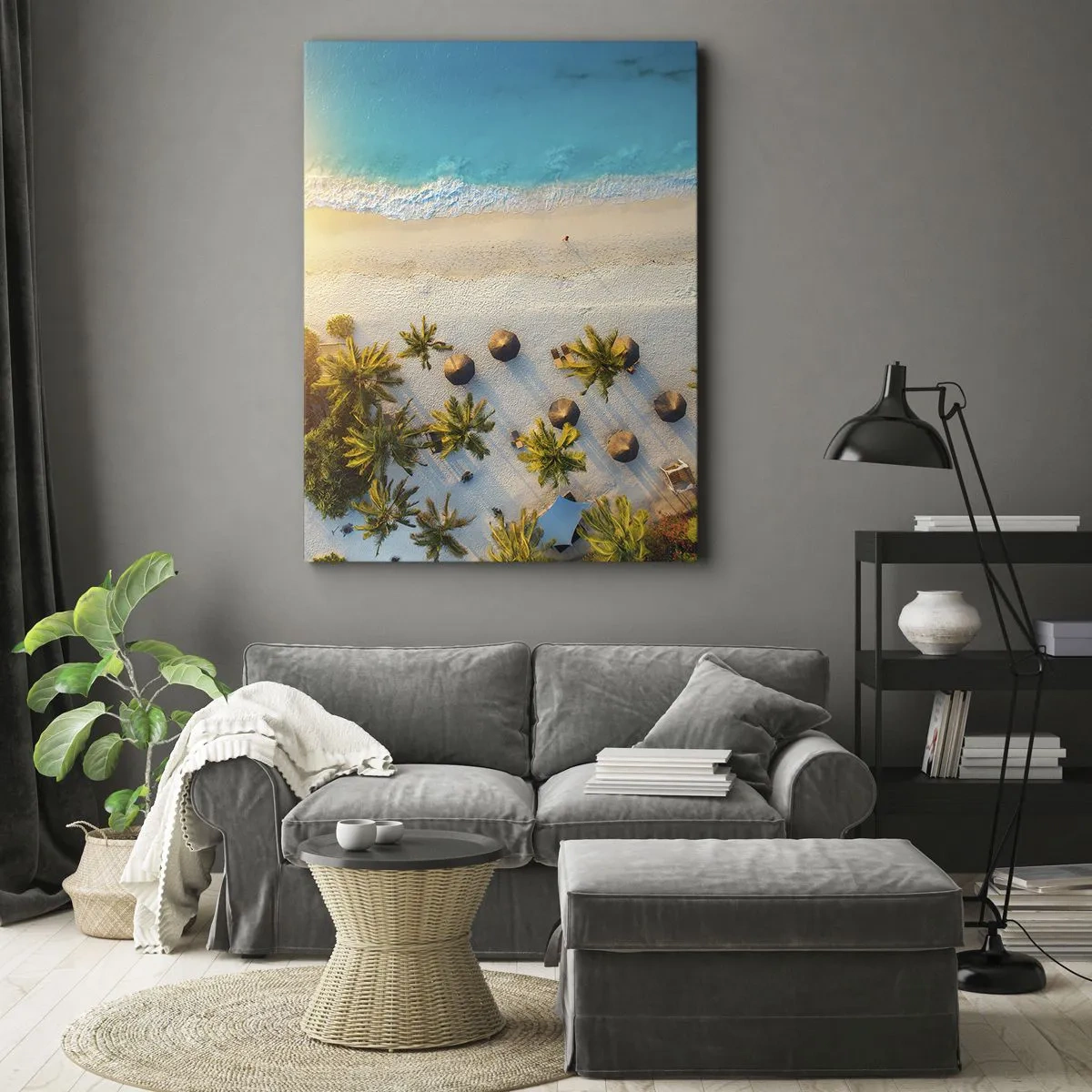 Quadro su tela - Stampe su Tela - Vista di una spiaggia tropicale con palme e mare turchese - 70x100cm - Benvenuti in paradiso - Decorazione murale moderna per soggiorno e camera da letto ARTTOR