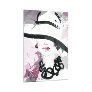 Quadro su vetro - Una donna elegante con un cappello su uno sfondo di astrazioni rosa. - 80x120cm - Ritratto di donna in nero e rosa - Decorazione murale moderna per soggiorno e camera da letto ARTTOR