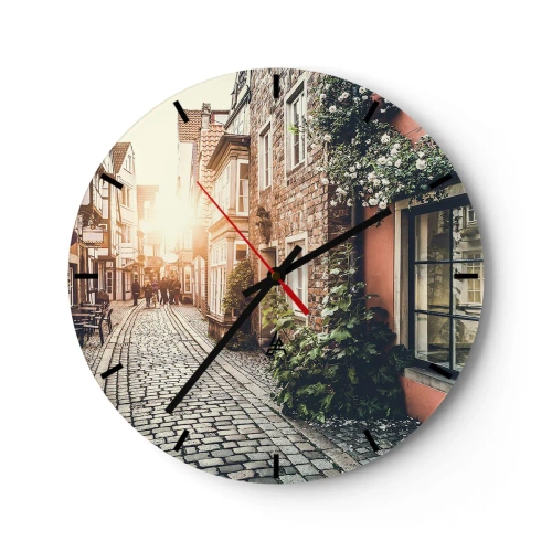 Orologio da parete - Orologio in Vetro - Una pittoresca strada con case popolari e rose nella luce del tramonto - 30x30cm - L'angolo delle rose nella luce rosata - Decorazione murale moderna per soggiorno, cucina e camera da letto ARTTOR