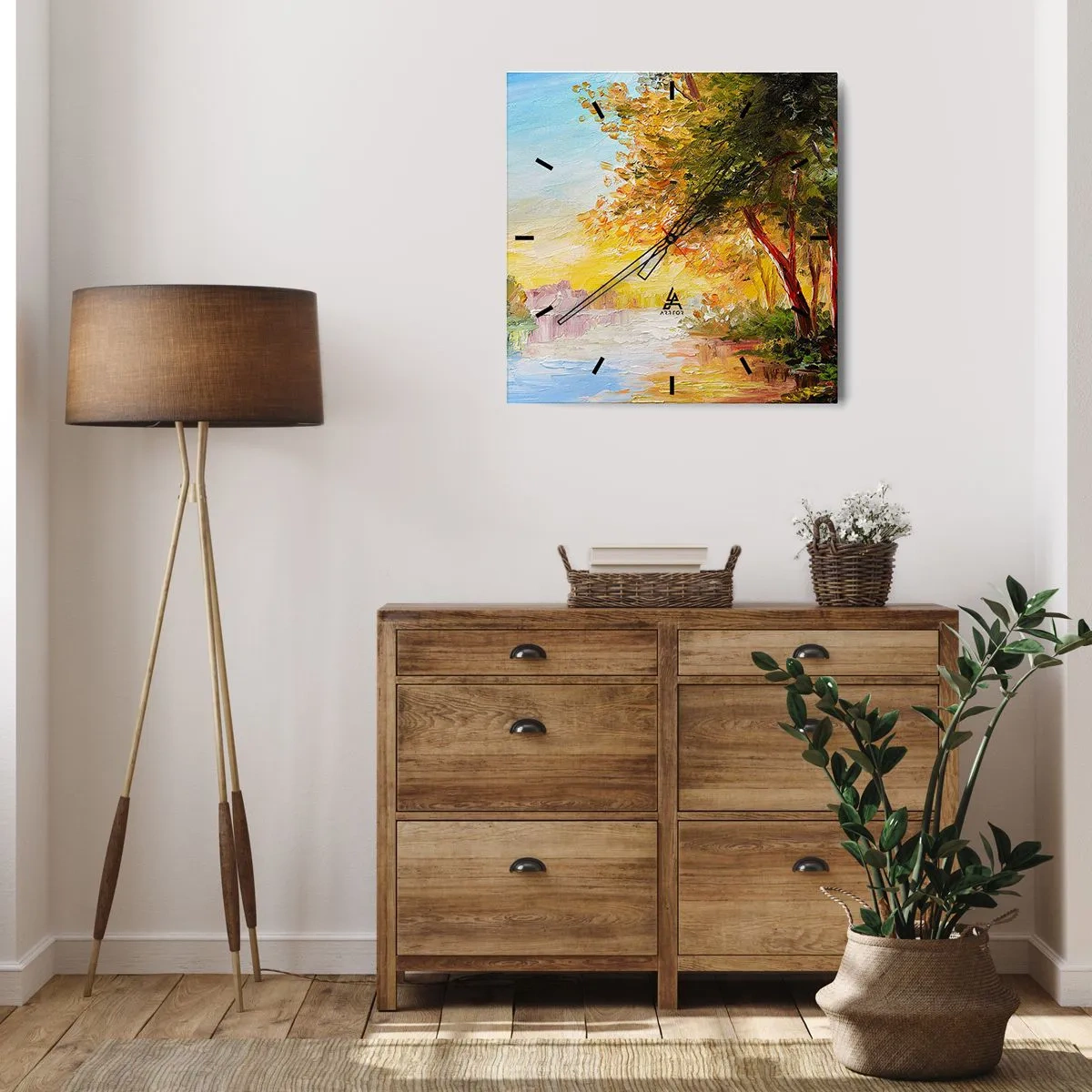 Orologio da parete - Orologio in Vetro - Un paesaggio pittoresco con un fiume e alberi al tramonto - 30x30cm - Et in Arcadia ego - Decorazione murale moderna per soggiorno e camera da letto ARTTOR