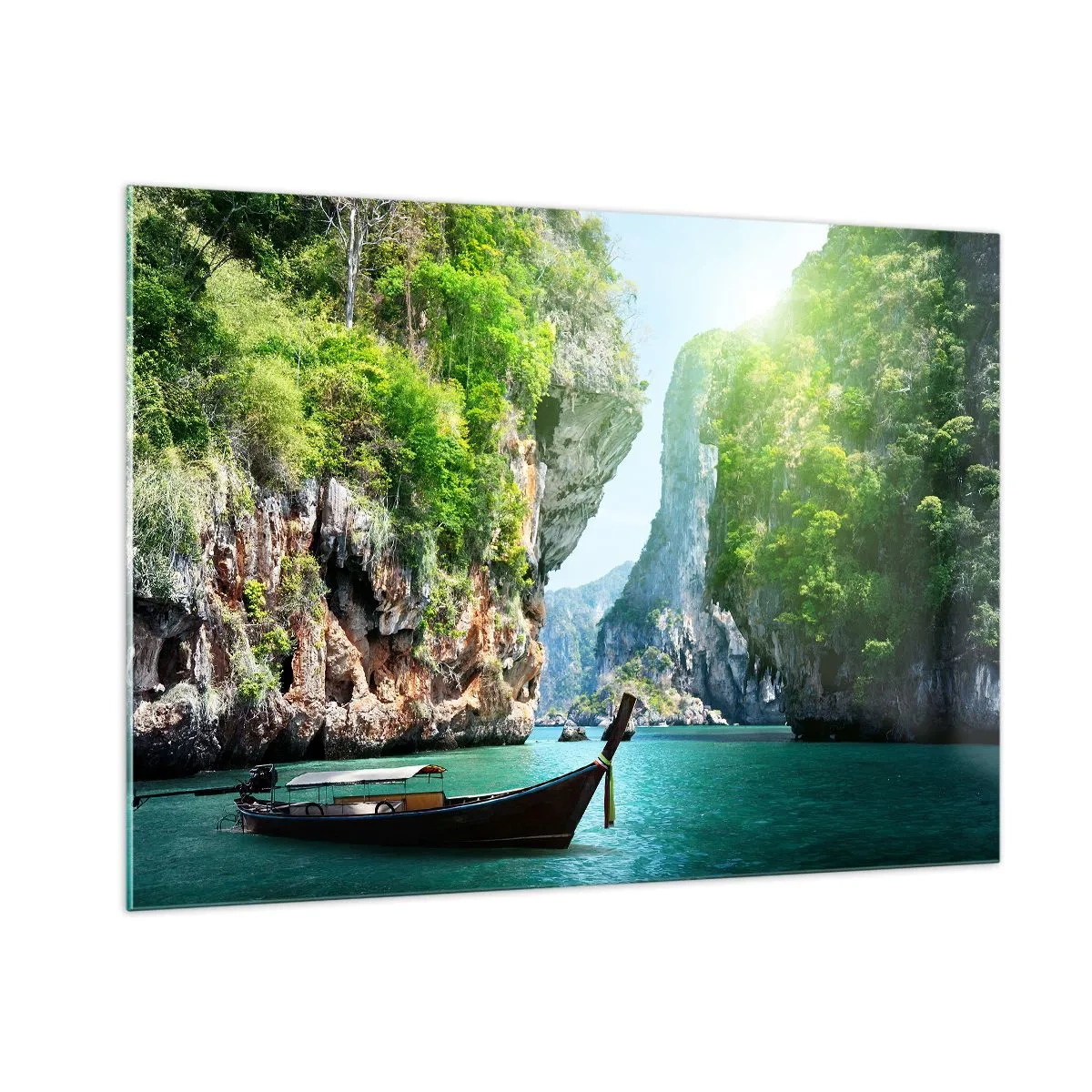 Quadro su vetro - Una barca tradizionale sull'acqua turchese tra le scogliere - 100x70cm - Invito a un viaggio esotico - Decorazione murale moderna per soggiorno e camera da letto ARTTOR