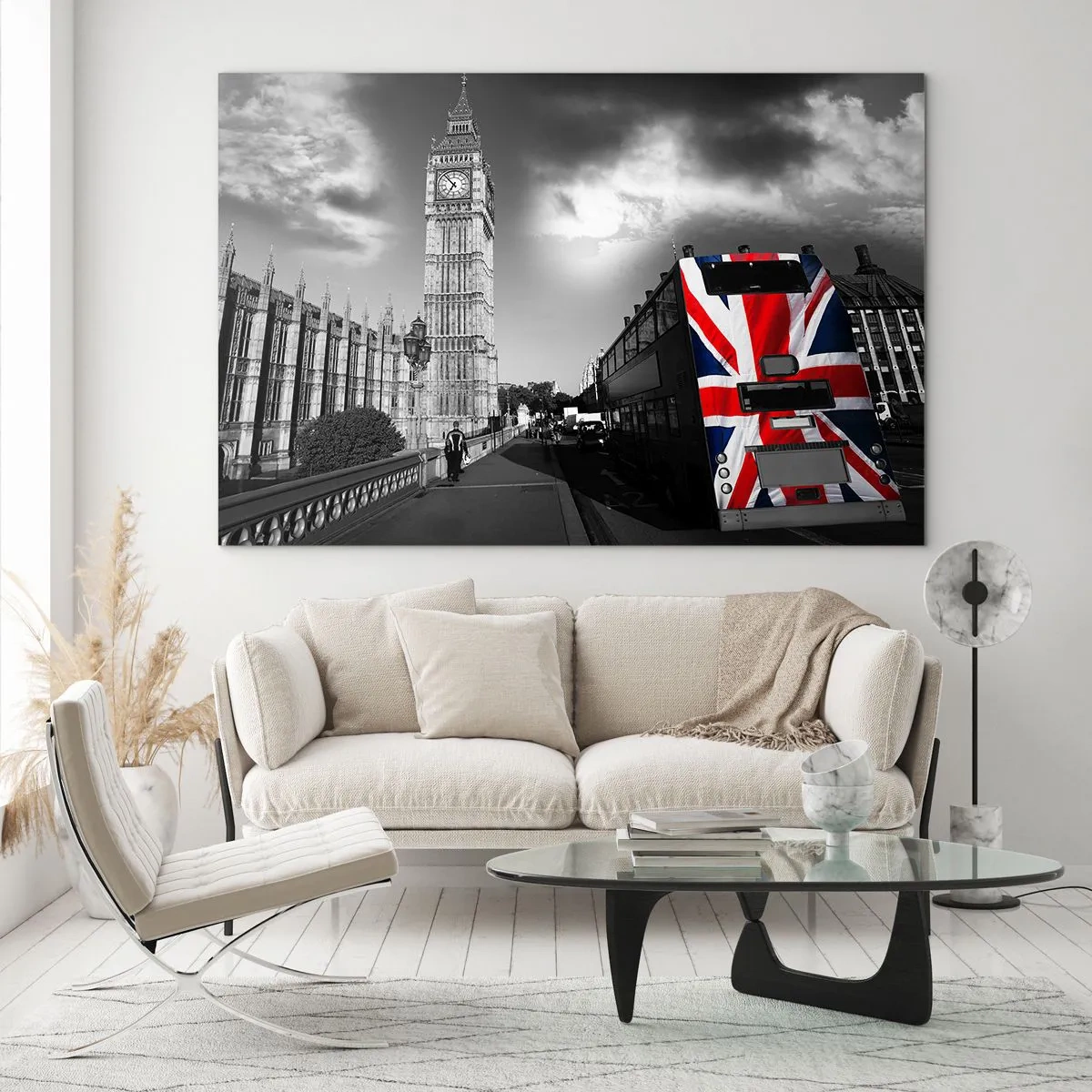 Quadro su vetro - Il Big Ben e un autobus con la bandiera britannica - 120x80cm - Orgogliosa e grande - Decorazione murale moderna per soggiorno e camera da letto ARTTOR