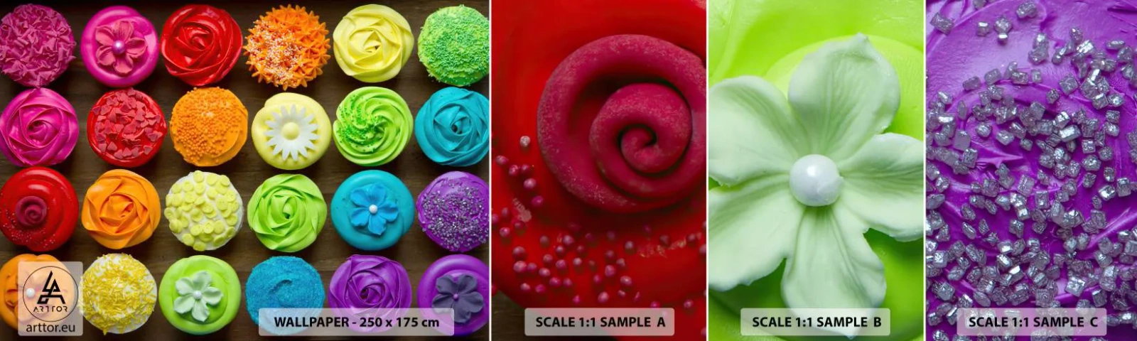 Campione Di Fotomurale Standard Eco - Ognuno è differente, tutti sono buoni - Gastronomia, biscotti colorati, 3D - 100x30 cm