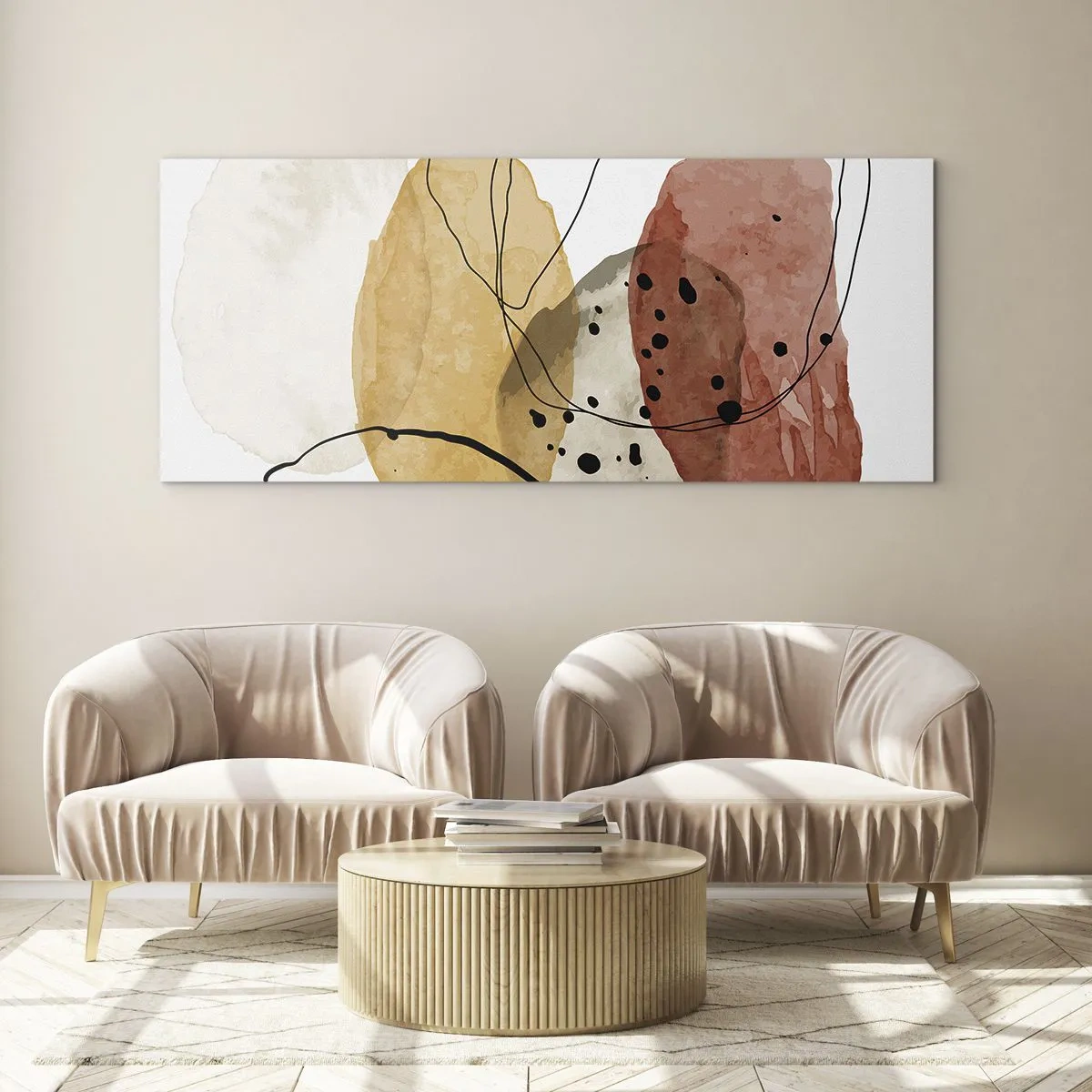 Quadro su vetro - Macchie astratte nei toni del beige, giallo e rosso - 140x50cm - Come aria leggera e trasparente - Decorazione murale moderna per soggiorno e camera da letto ARTTOR