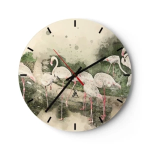 Orologio da parete - Orologio in Vetro - Uno stormo di fenicotteri in un ambiente tropicale e tranquillo - 30x30cm - Sogno esotico - Decorazione murale moderna per soggiorno, cucina e camera da letto ARTTOR