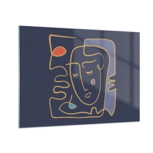 Quadro su vetro - Volto astratto in contorno su sfondo blu navy - 70x50cm - Pensierosa - Decorazione murale moderna per soggiorno e camera da letto ARTTOR