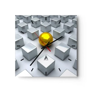 Orologio da parete - Orologio in Vetro - Una sfera dorata che spicca tra i cubi d'argento - 30x30cm - Perché io? Composizione geometrica - Decorazione murale moderna per soggiorno e camera da letto ARTTOR