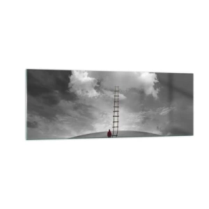 Quadro su vetro - Una persona con un cappotto rosso e una scala che porta a una nuvola - 140x50cm - Tutto è possibile - Decorazione murale moderna per soggiorno e camera da letto ARTTOR