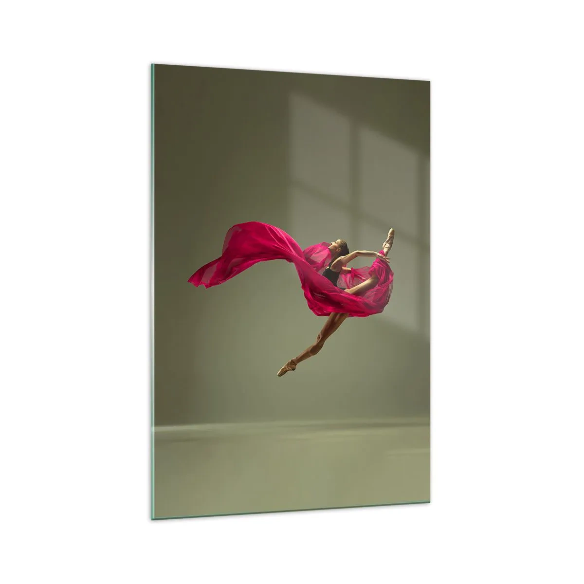 Quadro su vetro - Ballerina in posa dinamica con tessuto rosa - 70x100cm - Fiamma danzante - Decorazione murale moderna per soggiorno e camera da letto ARTTOR