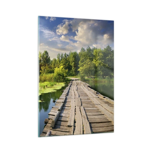 Quadro su vetro - Molo di legno su un lago con un cigno al tramonto - 50x70cm - Estate, estate ovunque - Decorazione murale moderna per soggiorno e camera da letto ARTTOR