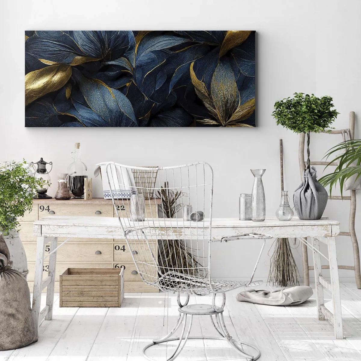 Quadro su tela - Stampe su Tela - Eleganti foglie nei toni dell'oro e del blu navy - 160x50cm - Foderati d'oro - Decorazione murale moderna per soggiorno e camera da letto ARTTOR