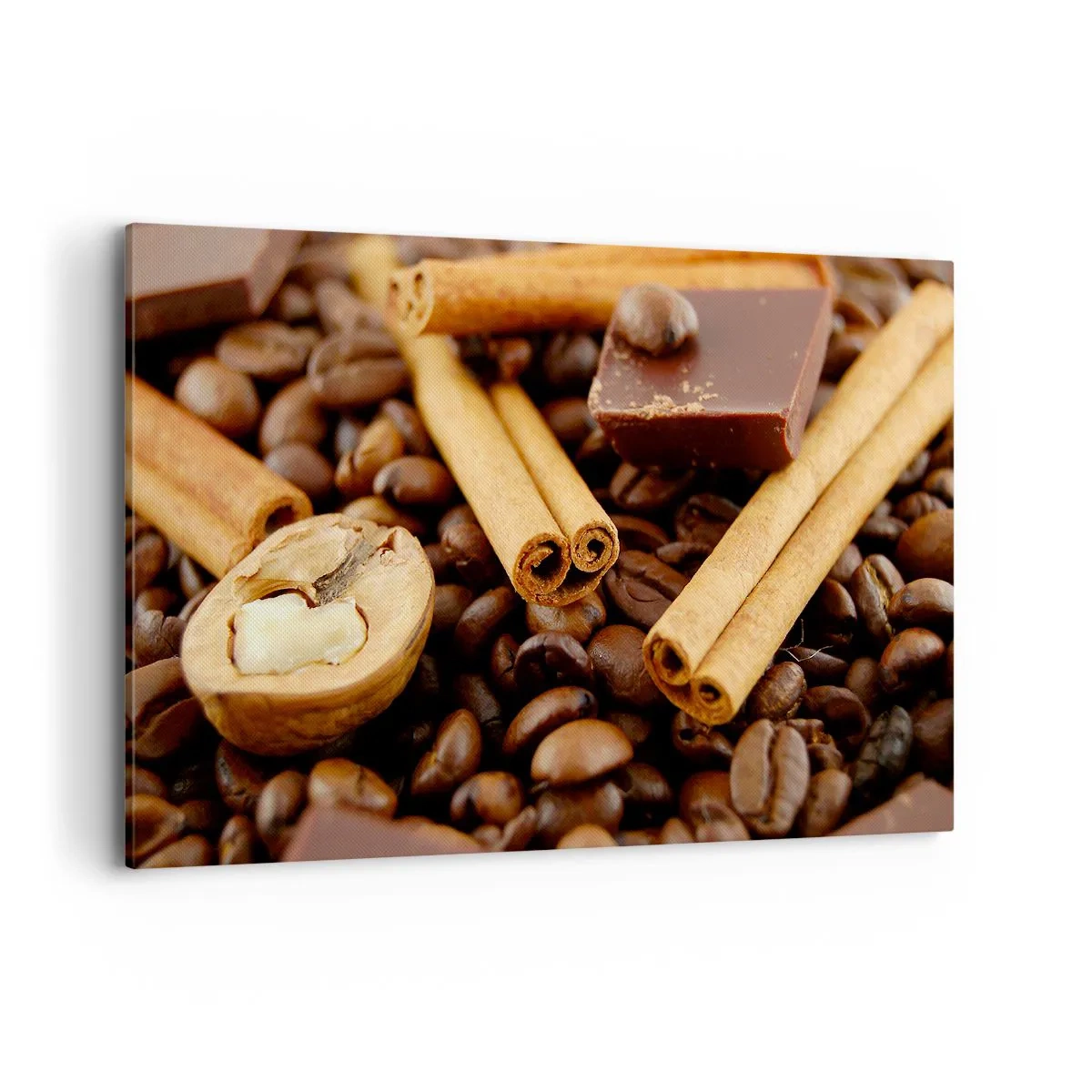 Quadro su tela - Stampe su Tela - Chicchi di caffè con bastoncini di cannella, cioccolato e noci. - 120x80cm - Concerto di sapori - Decorazione murale moderna per soggiorno e camera da letto ARTTOR