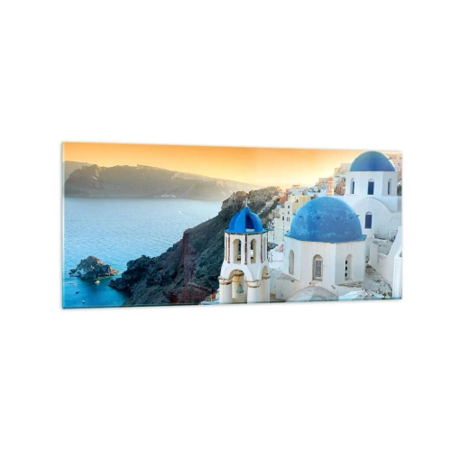 Quadro su vetro - Vista di Santorini con edifici bianchi e mare blu - 120x50cm - Santorini: aggrappate alle rocce - Decorazione murale moderna per soggiorno e camera da letto ARTTOR