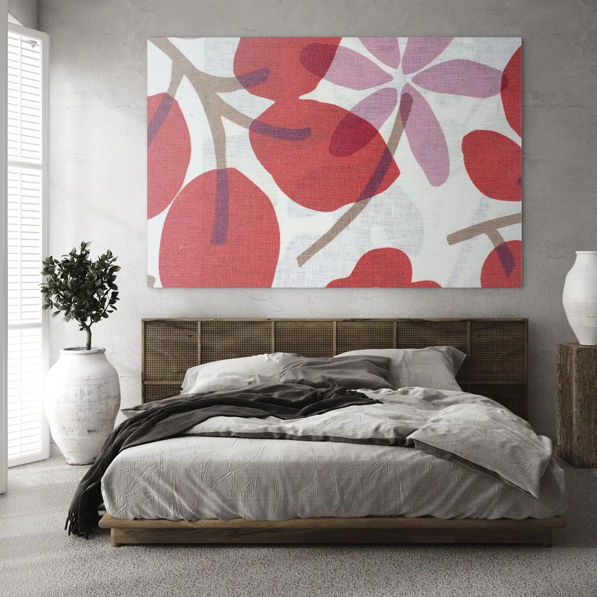Quadro su vetro - Foglie e fiori rosa e rossi su uno sfondo chiaro - 70x50cm - Composizione di fiori in rosa - Decorazione murale moderna per soggiorno e camera da letto ARTTOR