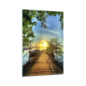 Quadro su vetro - Un molo sul lago sotto i raggi del tramonto - 70x100cm - Tramonto sul lago - Decorazione murale moderna per soggiorno e camera da letto ARTTOR