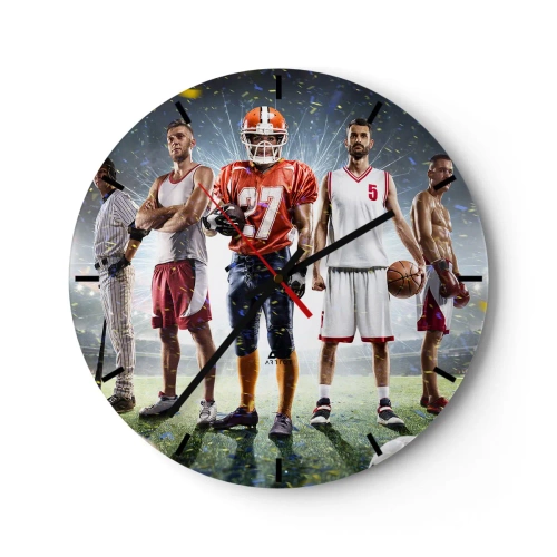 Orologio da parete - Orologio in Vetro - Un gruppo di atleti sullo sfondo di uno stadio illuminato dai riflettori - 30x30cm - I campi dei gladiatori - Decorazione murale moderna per soggiorno, cucina e camera da letto ARTTOR