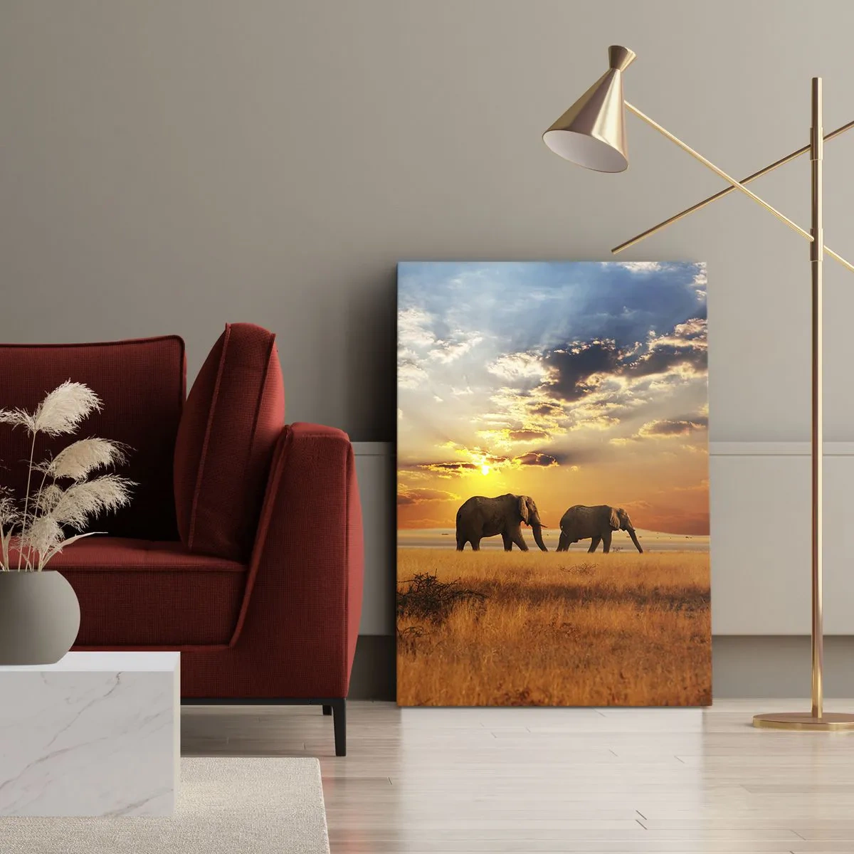 Quadro su tela - Stampe su Tela - Elefanti nella savana al tramonto - 70x100cm - Passeggiata familiare - Decorazione murale moderna per soggiorno e camera da letto ARTTOR
