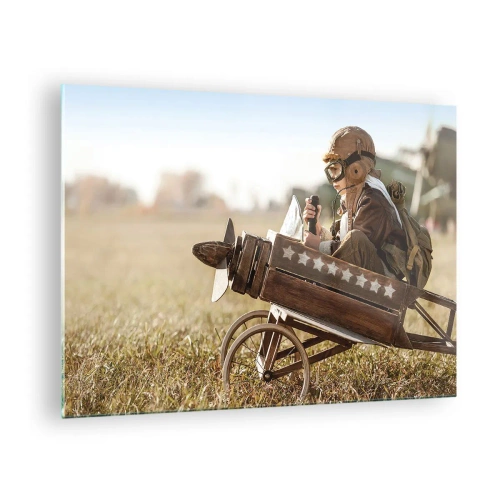 Quadro su vetro - Un bambino su un aeroplano di legno, che finge di essere un pilota, indossando abiti da aviatore. - 70x50cm - Decollo verso i sogni - Decorazione murale moderna per soggiorno e camera da letto ARTTOR