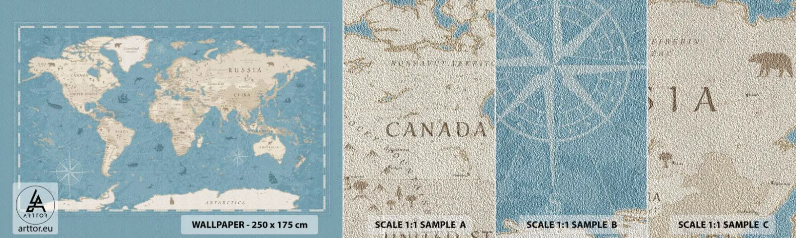 Campione di Fotomurale Premium Sand - Il mondo a portata di mano - Mappa del mondo, Vintage ▾, Grunge - 100x30 cm