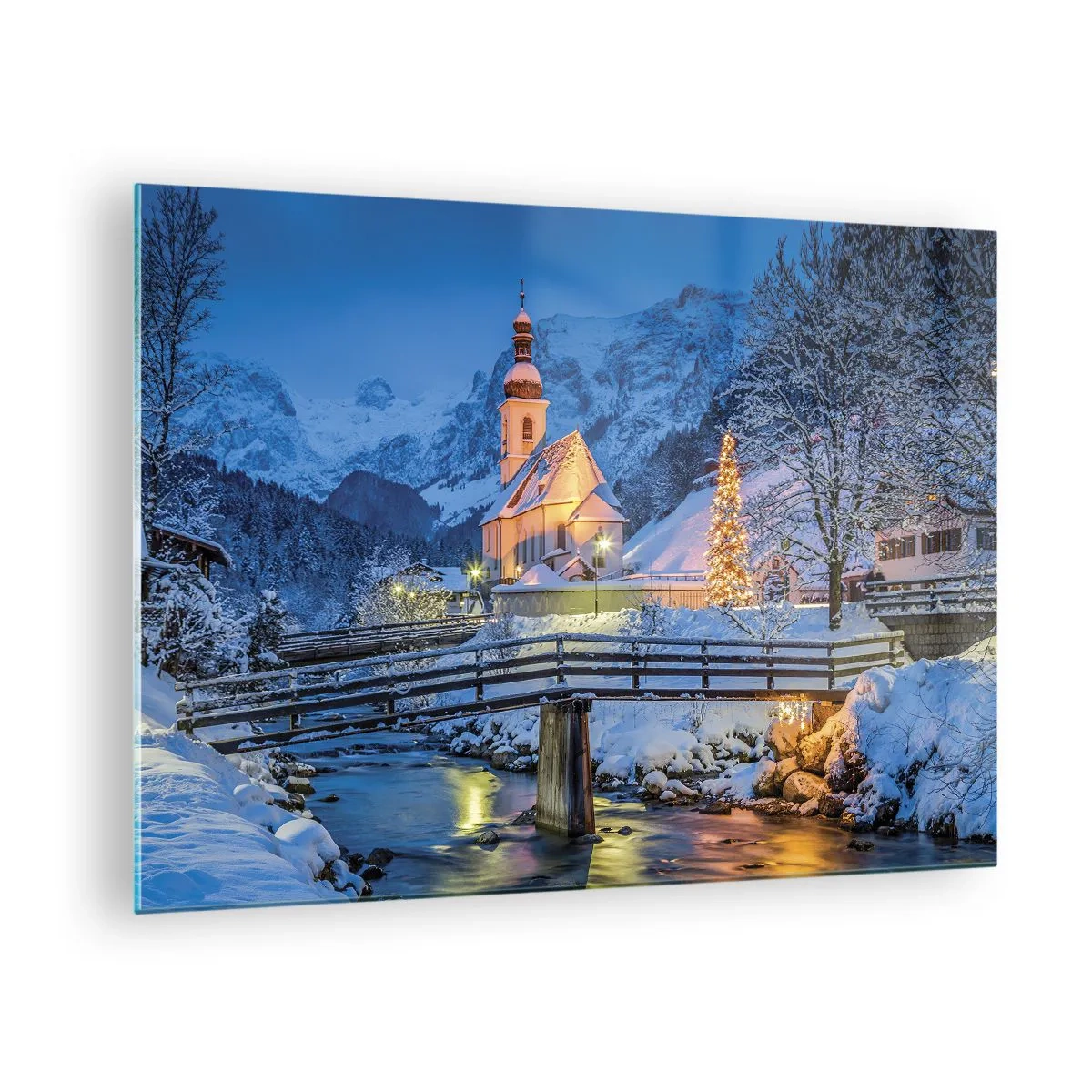 Quadro su vetro - Paesaggio natalizio in un ambiente invernale - 70x50cm - Lo spirito di Natale - Decorazione murale moderna per soggiorno e camera da letto ARTTOR