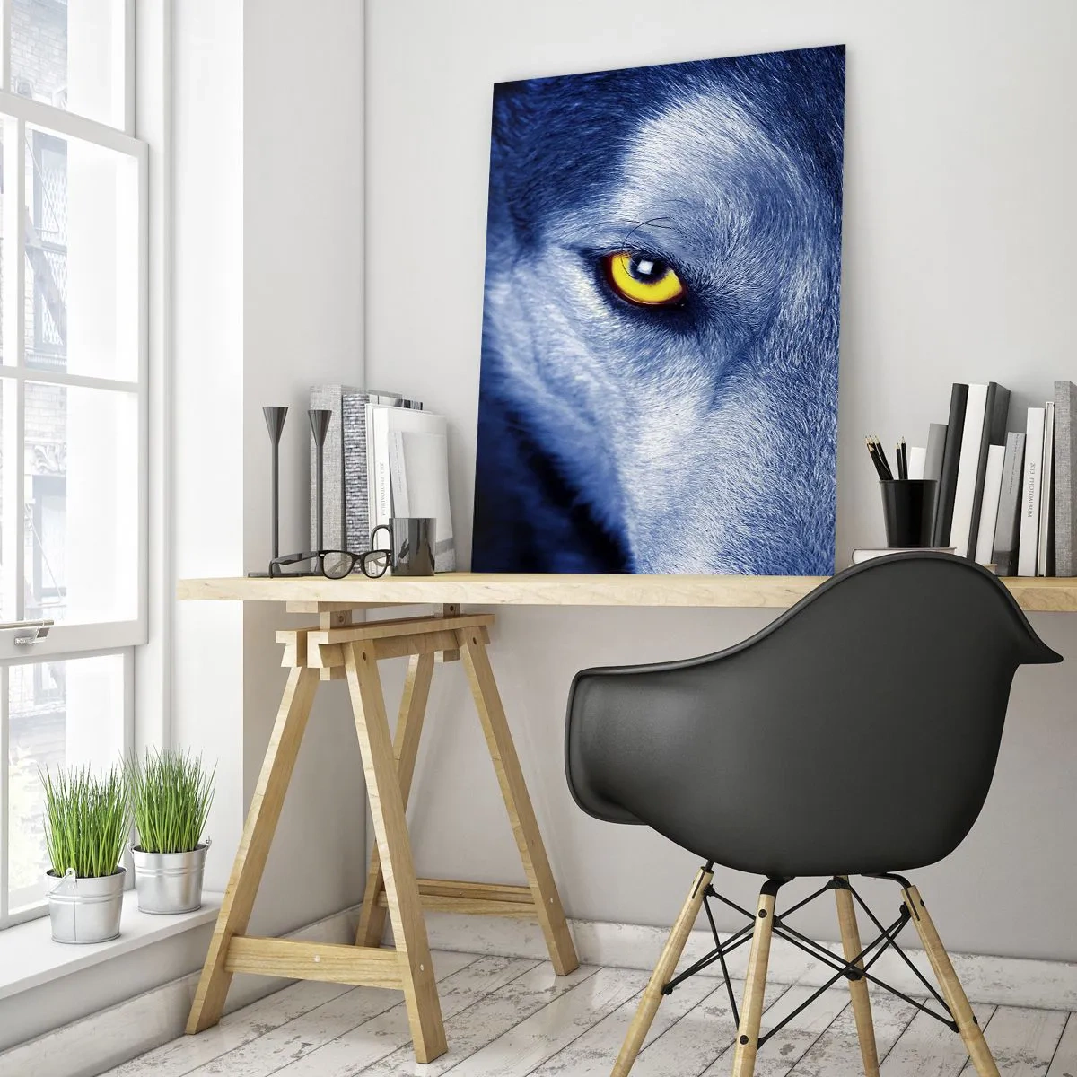 Quadro su vetro - Primo piano dello sguardo intenso di un lupo su uno sfondo scuro - 80x120cm - Sguardo ipnotico - Decorazione murale moderna per soggiorno e camera da letto ARTTOR