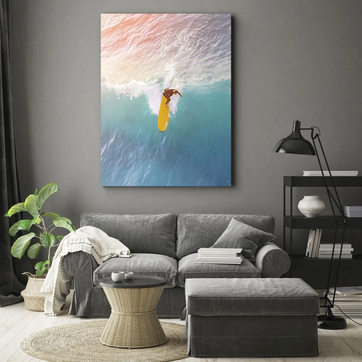Quadro su tela - Stampe su Tela - Surfista su un'onda in colori pastello - 80x120cm - Il cavaliere dell'oceano - Decorazione murale moderna per soggiorno e camera da letto ARTTOR
