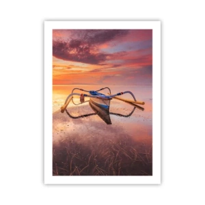 Poster - Una barca sull'acqua durante un pittoresco tramonto - 50x70cm - La pace della sera tropicale - Decorazione murale moderna per soggiorno e camera da letto ARTTOR