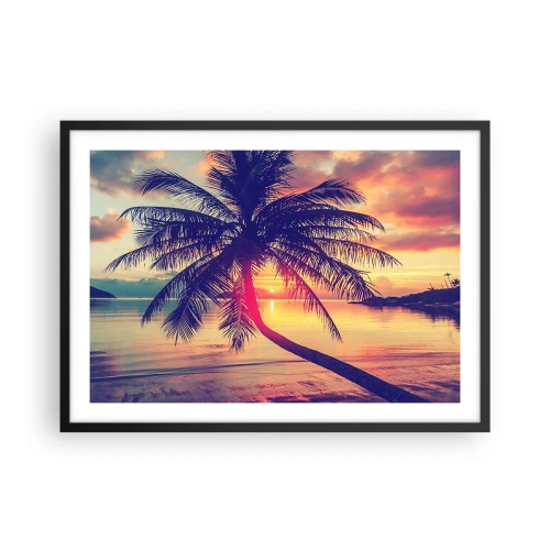 Poster in cornice nera - Tramonto con una palma su una riva tranquilla - 70x50cm - Sera sotto le palme - Decorazione murale moderna per soggiorno e camera da letto ARTTOR