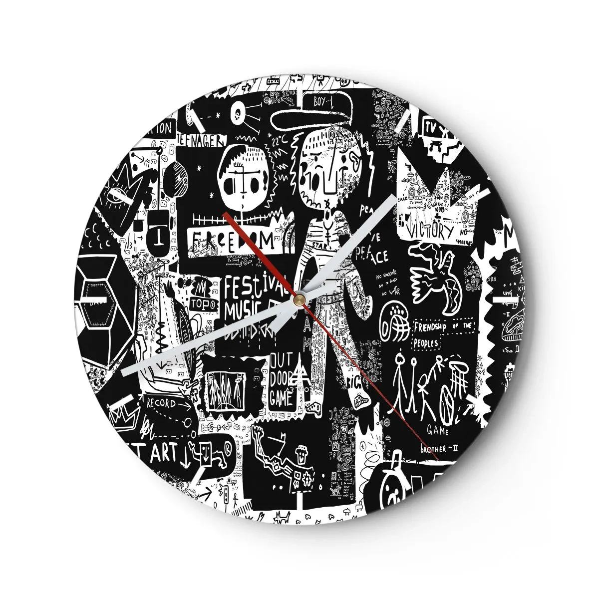 Orologio da parete - Orologio in Vetro - Un quadrante di orologio con un dinamico motivo artistico a scarabocchio in bianco e nero. - 30x30cm - Gioventù spirituale di giustizia e gioia