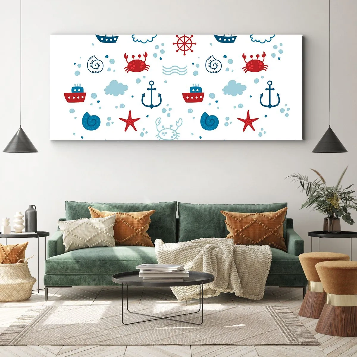 Quadro su tela - Stampe su Tela - Motivo nautico con ancore, navi e granchi - 140x50cm - Favola nel mare - Decorazione murale moderna per soggiorno e camera da letto ARTTOR