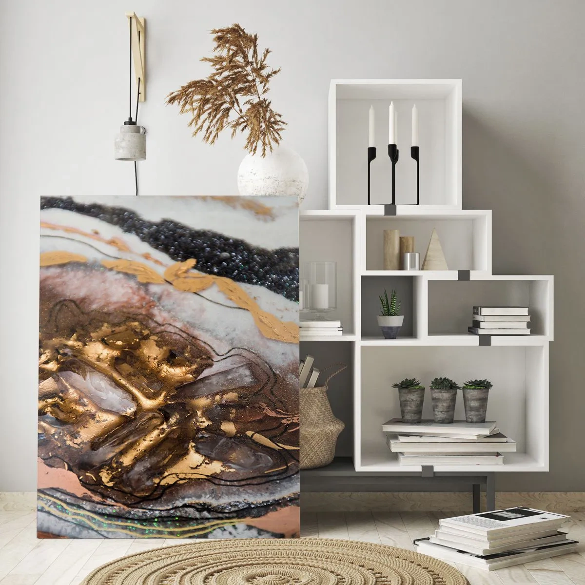 Quadro su vetro - Composizione astratta con elementi in oro e cristalli - 70x100cm - L'elemento della terra - Decorazione murale moderna per soggiorno e camera da letto ARTTOR