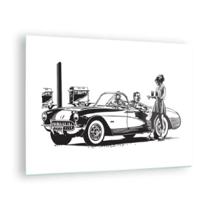 Quadro su vetro - Grafica creativa con un'auto classica e personaggi - 70x50cm - Anni '60: l'America spensierata - Decorazione murale moderna per soggiorno e camera da letto ARTTOR