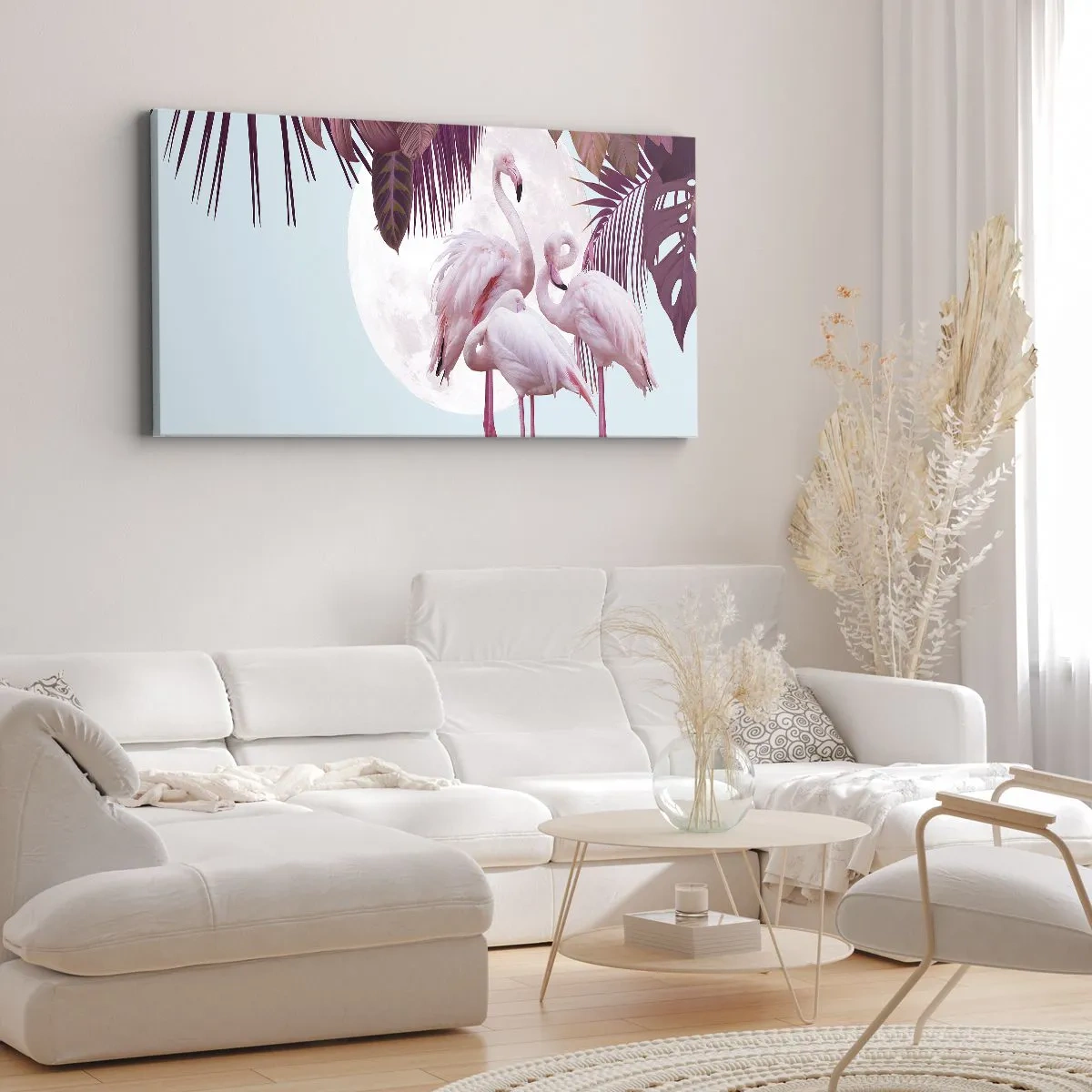 Quadro su tela - Stampe su Tela - Fenicotteri rosa sullo sfondo della luna e delle foglie tropicali - 120x50cm - Tre grazie alate - Decorazione murale moderna per soggiorno e camera da letto ARTTOR