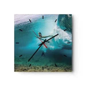 Orologio da parete - Orologio in Vetro - Surfista sotto un'onda nell'acqua blu dell'oceano - 30x30cm - Mondo subacqueo - Decorazione murale moderna per soggiorno e camera da letto ARTTOR