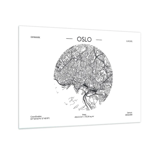 Quadro su vetro - Mappa della città di Oslo in stile grafico in bianco e nero - 70x50cm - Anatomia di Oslo - Decorazione murale moderna per soggiorno e camera da letto ARTTOR