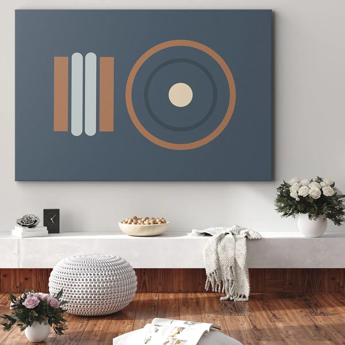 Quadro su tela - Stampe su Tela - Una composizione geometrica con cerchi e rettangoli dai colori tenui. - 100x70cm - L'essenza delle cose - Decorazione murale moderna per soggiorno e camera da letto ARTTOR