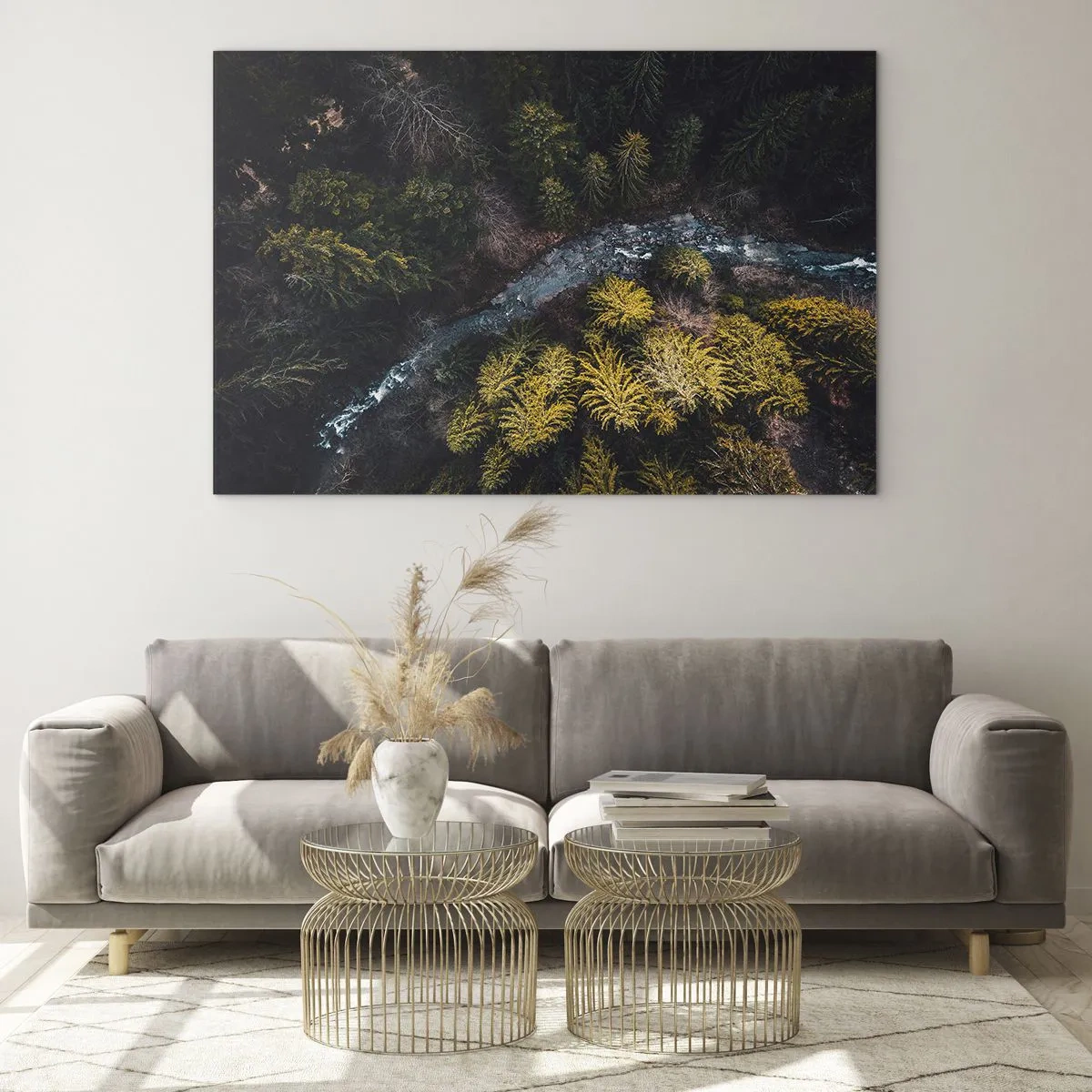 Quadro su vetro - Vista a volo d'uccello di un paesaggio forestale con un ruscello tortuoso - 100x70cm - Sempre più veloce - Decorazione murale moderna per soggiorno e camera da letto ARTTOR