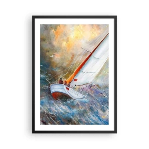 Poster in cornice nera - Uno yacht che naviga su un mare in tempesta in un paesaggio pittoresco - 50x70cm - Correndo sulle onde - Decorazione murale moderna per soggiorno e camera da letto ARTTOR