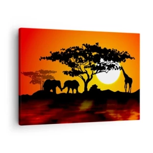 Quadro su tela - Stampe su Tela - Tramonto africano con sagome di elefanti e giraffe sull'acqua - 70x50cm - Incontro nella savana - Decorazione murale moderna per soggiorno e camera da letto ARTTOR