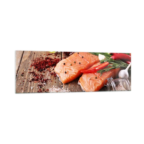 Quadro su vetro - Filetti di salmone con spezie su fondo di legno - 160x50cm - Avventura norvegese in cucina - Decorazione murale moderna per soggiorno e camera da letto ARTTOR