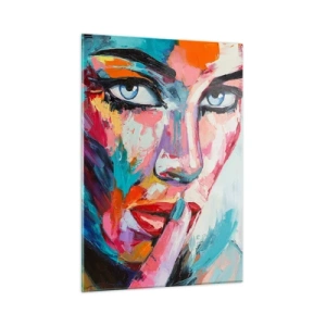 Quadro su vetro - Ritratto colorato di una donna in stile astratto - 50x70cm - Il nostro primo segreto - Decorazione murale moderna per soggiorno e camera da letto ARTTOR