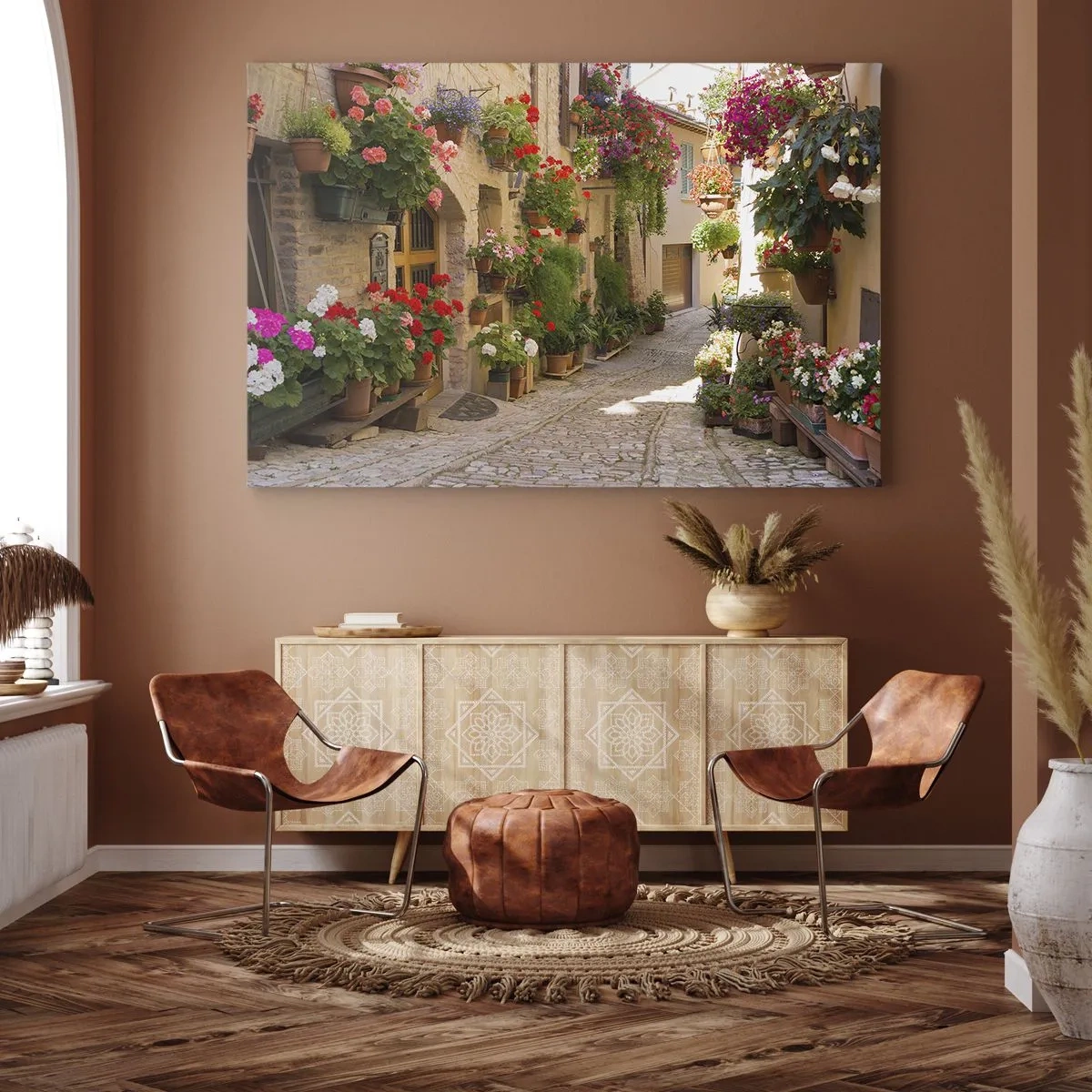 Quadro su tela - Stampe su Tela - Una strada con fiori in vaso e muri in pietra - 120x80cm - Un'esplosione di fiori - Decorazione murale moderna per soggiorno e camera da letto ARTTOR
