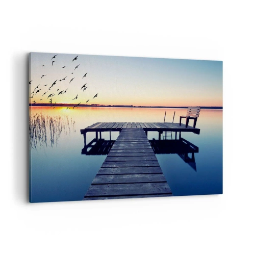 Quadro su tela - Stampe su Tela - Molo di legno su un lago all'alba con uccelli - 100x70cm - È stata una buona giornata - Decorazione murale moderna per soggiorno e camera da letto ARTTOR